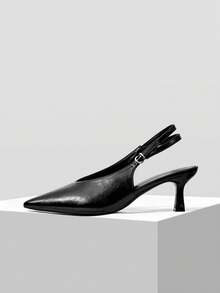 Mnmlis V-Shaped Hollow Double Thin Belt Adjustable Buckle, Pointed Toe Thin Middle Heel Simple Commuting Soft Leather Black Slingback Shoes - Black - View 2