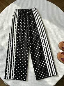 SHEIN Celana Kasual Anak Perempuan Remaja untuk Kembali ke Sekolah Sehari-hari, Pinggang Elastis, Warna Polos, Potongan Lebar dan Lurus - Hitam - View 3