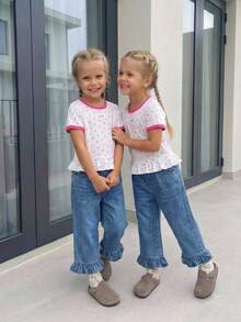 SHEIN 2pcs/Set Girls Toddler Lace Embroidery Patch Heart Pattern Print Colorblock Short Sleeve T-Shirt And Casual Ruffle Hem Pocket Straight Leg Denim Jeans Outfit, Summer - White - View 7