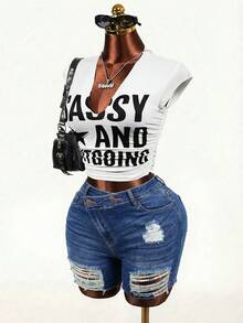 SHEIN Unity Plus Size Women Casual Everyday Wear Distressed Pocket Button Denim Shorts Date Night Dusty Blue Summer - Blue - View 4
