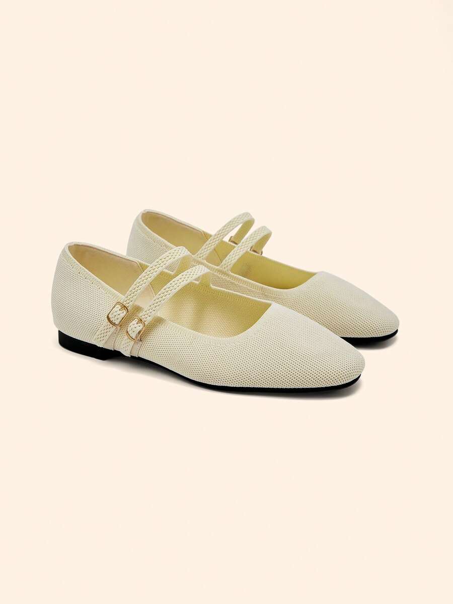 CUCCOO BASICS Chaussures plates pour femmes, chaussures plates Mary Jane tricotées à double bride, mode pour femmes - Nude - Voir 1