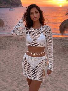 SHEIN Women's Hollow Out Sequin Design Long Sleeve Sweater And Knit Skirt 2 Pieces Set,Mesh Sequin Beach Two Pieces Set - Apricot - View 4