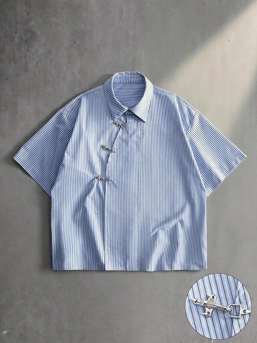 ROMWE MEN Camisa de rayas holgada con botones de estilo de carreras para hombres - Multicolor - Ver 1