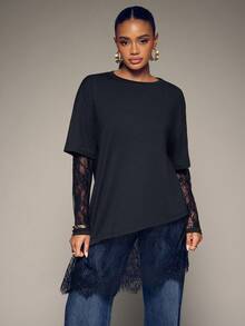 Hauture Camiseta 2 en 1 para mujer, elegante y casual, color liso, versátil, holgada, con patchwork de encaje y bajo asimétrico, negra, para oficina y salidas nocturnas, otoño - Negro - Ver 3