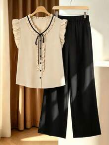 Modelyn Plus Size Summer Casual Elegant Shirt And Pants 2 Pieces Set Office Business Beige Black - Black - View 1