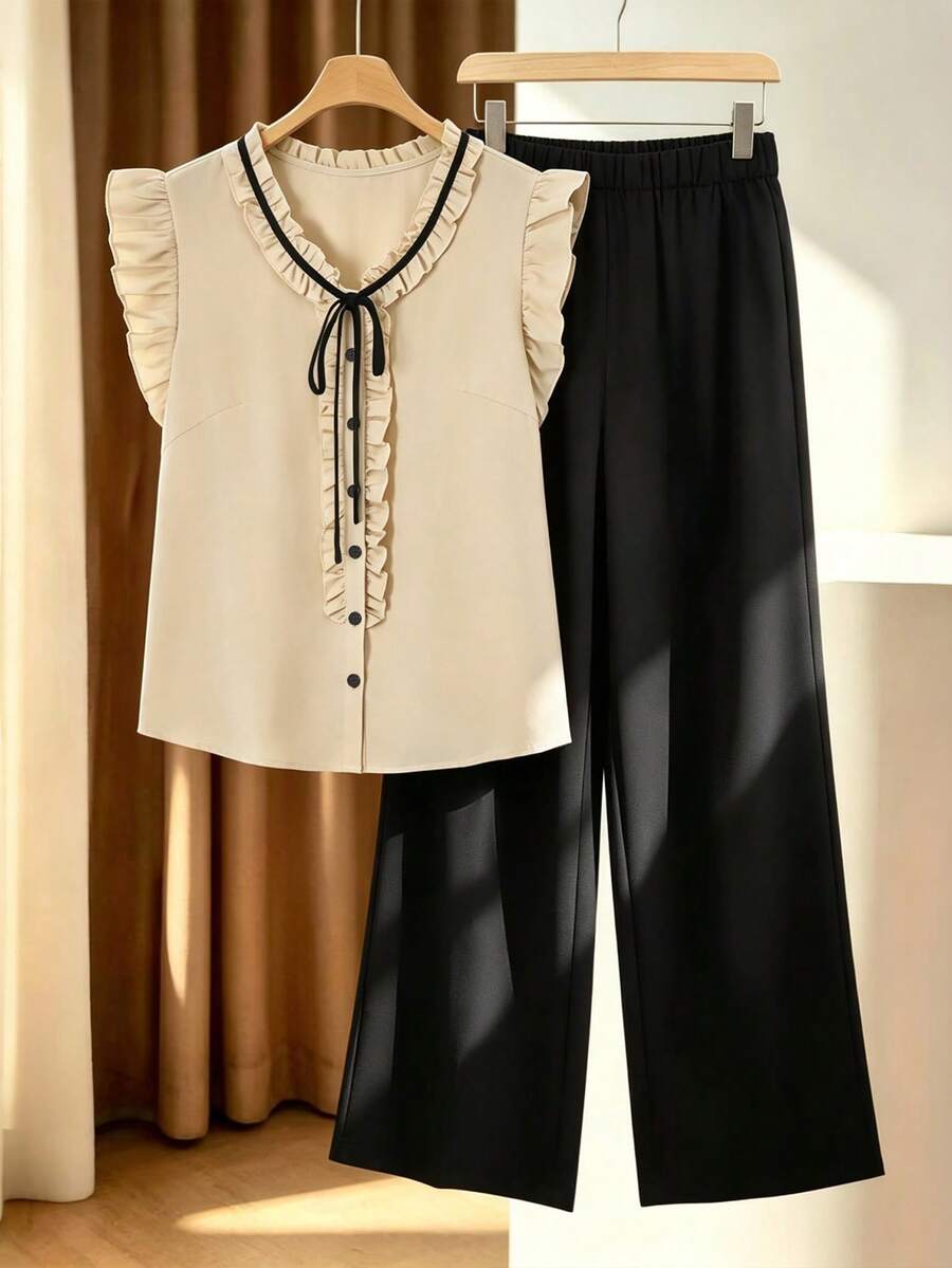 Modelyn Plus Size Summer Casual Elegant Shirt And Pants 2 Pieces Set Office Business Beige Black - Black - View 1