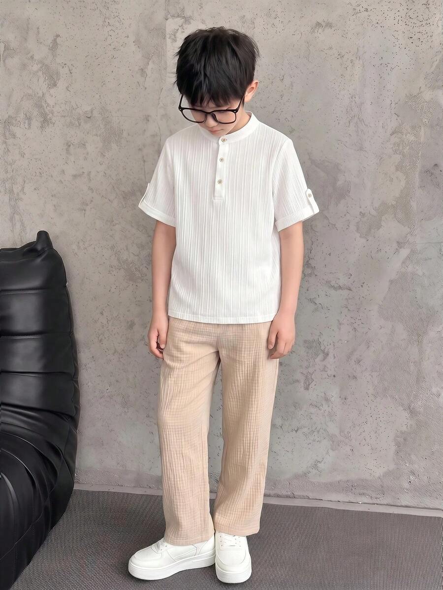 SHEIN Kids Tween Boy Solid Color Button Design Short Sleeve Shirt And Pants Casual Set