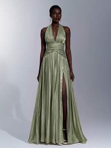 Elitara Elegant Princess Romantic Fashion Shiny Organza Fabric Ruched Decor Halter Neck Large A-Line Skirt Prom Ball Dress Sexy Slit Wedding Sage Green Winter - Green - View 5