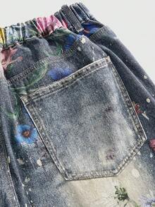 ROMWE Fairycore Celana Jeans Kasual Serbaguna untuk Pemakaian Sehari-hari dengan Kancing Motif Bunga untuk Wanita Ukuran Besar - Biru - View 4