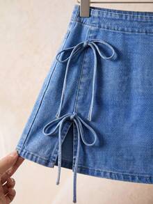 Elaquor Plus Size Women's Side Tie Waist Split Hem Casual Sexy Loose Fit Denim Skirt Date Night Birthday Club Blue Summer - Medium Wash - View 12