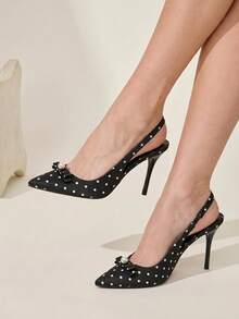 CUCCOO CHICEST Women Shoes Spring And Summer New Models, Polka Dot Satin Pointed Back Empty Sandals, Pearl Bow Stiletto High Heels, Gentle And Sweet Style, Daily - Black - View 2