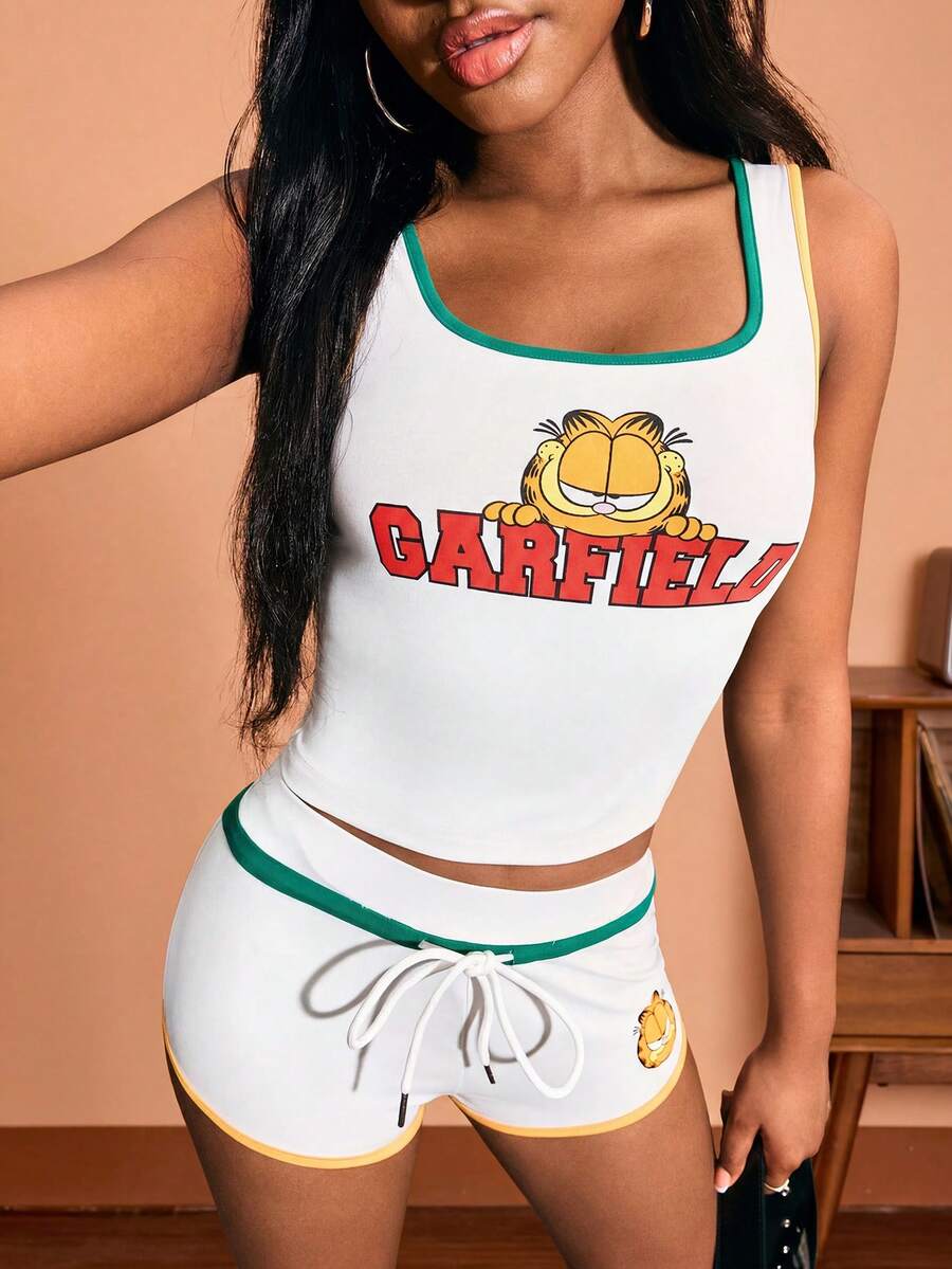 GARFIELD | SHEIN 2件套 女士方领露脐背心和短裤， - 白色 - 查看 1