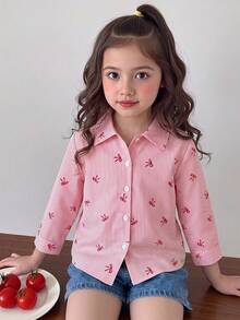 SHEIN Vintaside Kids 女童檸檬條紋印花清新輕盈設計襯衫，翻領長袖寬鬆休閒襯衫，仿檸檬刺繡圖案，春/秋休閒襯衫 - 粉色 - 查看 6