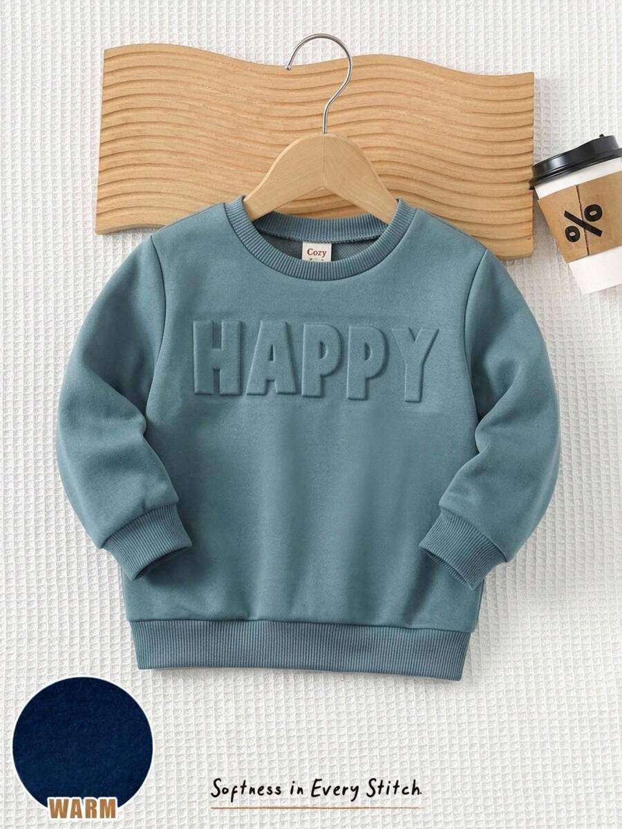 SHEIN Áo nỉ cổ tròn in họa tiết tiếng Anh thoải mái, đa năng cho bé trai - Màu xanh bụi bặm - Xem 1