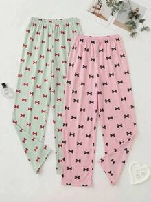 SHEIN Cotton Line 女款蝴蝶結印花多件組淺綠色粉色高腰舒適睡褲 2 件組居家休閒秋季可愛日系風 - 彩色 - 查看 1