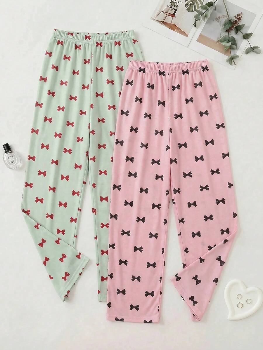 SHEIN Cotton Line 女款蝴蝶結印花多件組淺綠色粉色高腰舒適睡褲 2 件組居家休閒秋季可愛日系風 - 彩色 - 查看 1
