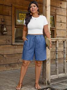 Comfylo Plus Size Women's Drawstring Waist Pockets Comfortable Casual Shorts, Suitable For Beach Vacation, Airport Leisure, Summer Travel And Other Occasions, Blue Color Suitable For Summer - Blue - View 6