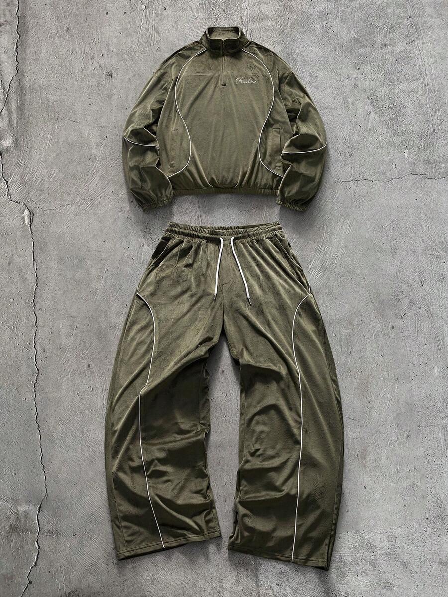 男士 AXEPEAK 休閒時尚套頭衛衣 + 時尚寬腿長褲套裝 - 軍綠色 - 查看 1