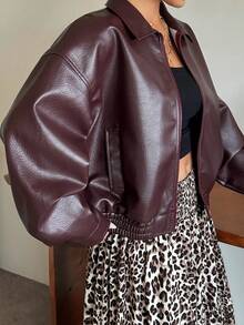 Dazy Plus Loose Casual PU Leather Jacket Long Sleeve Burgundy Autumn/Winter Coat - Burgundy - View 1