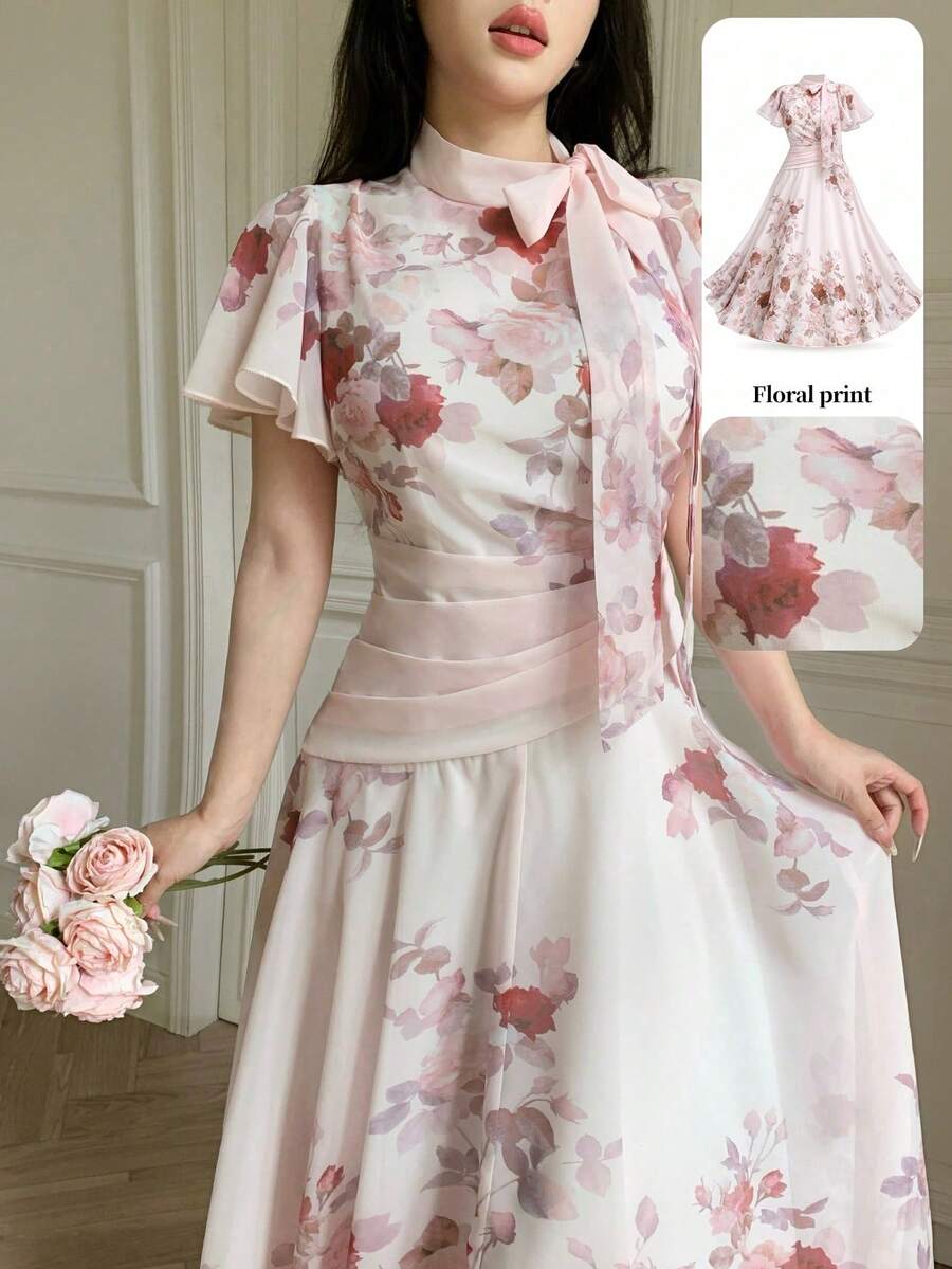 Modelyn 女款繫腰抓皺花卉粉色局部印花大裙擺洋裝，婚禮派對新娘準備穿著，夏季浪漫優雅風