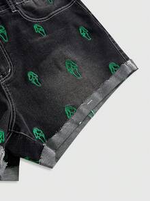 ROMWE Grunge Punk Y2K復古骷髏印花大尺碼牛仔短褲中長款 - 綠色 - 查看 4