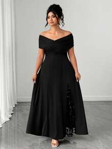 Elenzga Plus Size Women's Spring And Autumn Cross-Collar Elastic Tight Frame Fabric With Hollow Mesh Three-Dimensional Flowers, Full Of Luxury, Must-Have Item For Parties, Elegant Style, Party Shape, Long Sleeveless Elegant Dress - Black - View 4