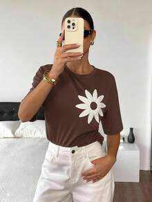 Serisse 女款夏季休閒花卉刺繡T恤 - 咖啡棕 - 查看 8