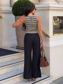 Harriette Anya Women's Casual Plain Grey Wide-Leg Relaxed Fit Trousers With Drawstring & Mesh Panel Decoration, Versatile For & Commute ,Business Casual Woman Black - Black - View 2
