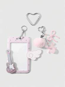 ROMWE Kawaii 1個時尚精緻極簡風粉色蝴蝶結愛心毛球亮片吉他波點翅膀星星卡夾 DIY 鑰匙圈包包吊飾 節日禮物 - 粉色-20 - 查看 8