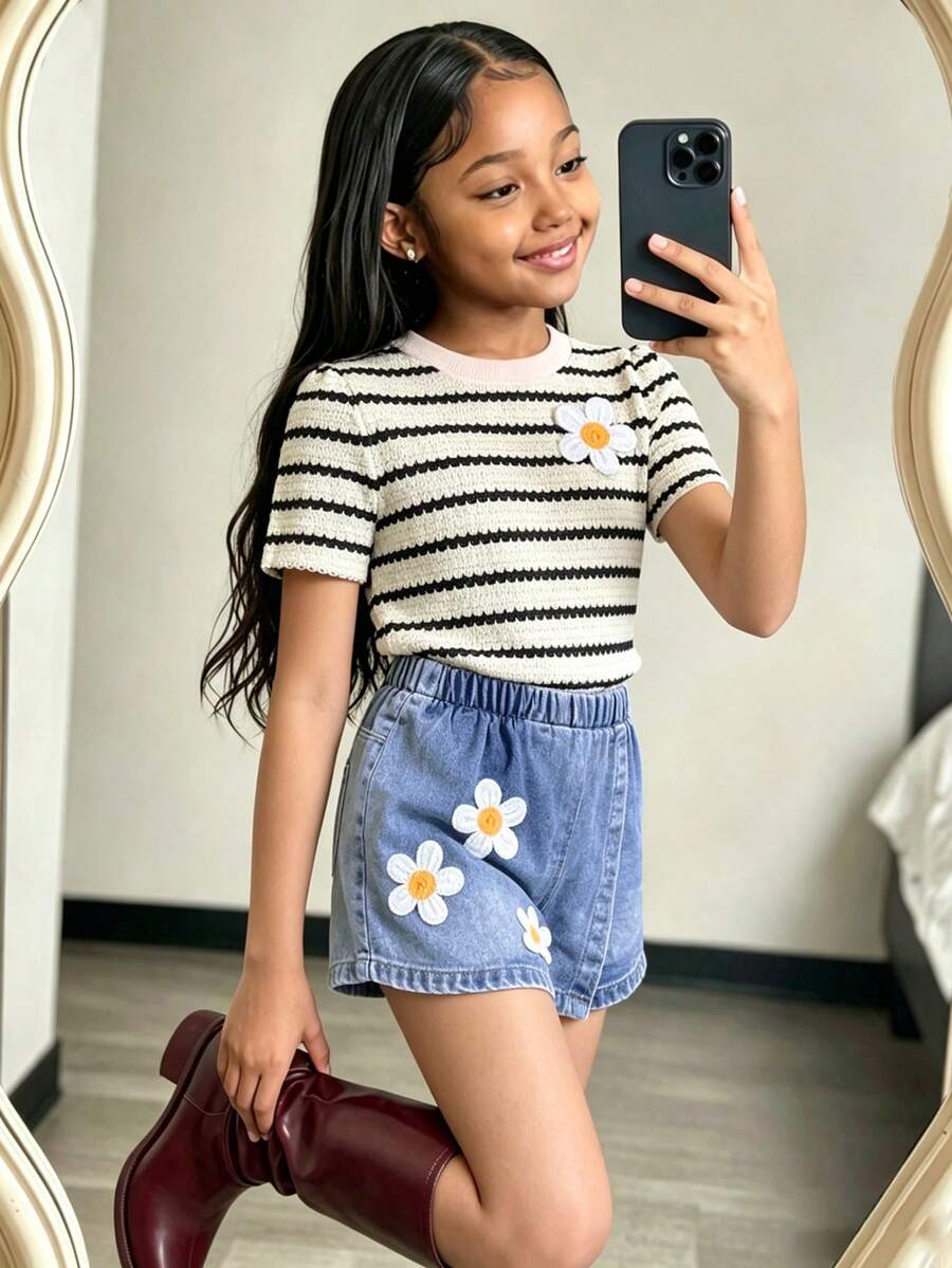 SHEIN Elladie kids 返校季女童休閒可愛圓領標準肩寬黑色條紋3D花朵T恤與純色牛仔裙套裝,夏季 - 黑與白 - 查看 1