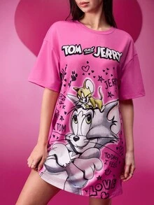 TOM & JERRY X SHEIN 女圆领宽松粉色卡通图案潮流酷炫日常休闲可爱短款T恤连衣裙情人节春夏 - 粉色 - 查看 7