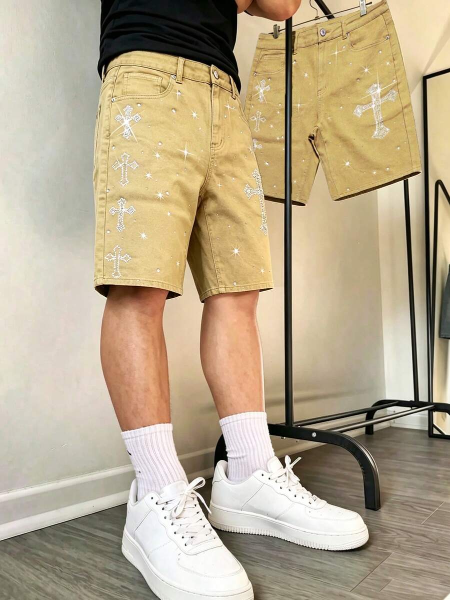 Manfinity EMRG Men's Street Style Cross Rhinestone Design Stretch Casual Denim Shorts - Khaki - View 1