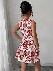 SHEIN Elenzya Bohemian Romantic Women's French Elegant Woven Floral Print Round Neck Sleeveless Waist-Cinching Mini Dress, Holiday Summer Garden Party Brunch White - Red - View 2