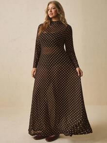Freevana Plus Size Elegant Polka Dot Dress Fall - Brown - View 4