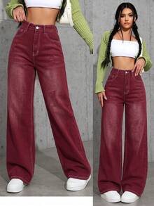 SHEIN EZwear 休閒水洗直筒牛仔褲 - 紅色 - 查看 1