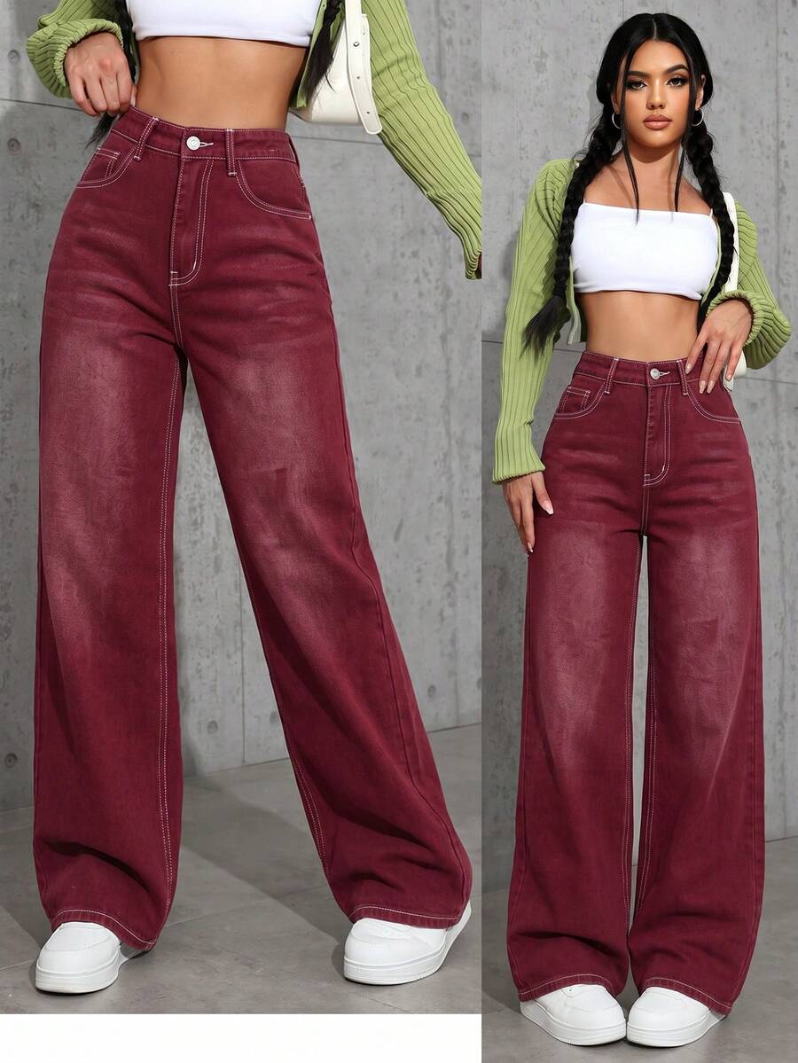 SHEIN EZwear 休閒水洗直筒牛仔褲 - 紅色 - 查看 1
