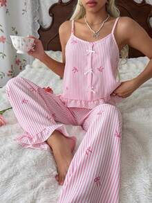 CottageSlumber Pink & White Striped Heart Print Pajama Set, Delicate Bow Decor Ruffle Strap 2 Pieces Set - Pink - View 7
