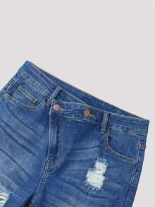 SHEIN Unity Plus Size Women Casual Everyday Wear Distressed Pocket Button Denim Shorts Date Night Dusty Blue Summer - Blue - View 6