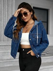 SHEIN Frenchy 女款長袖單排扣休閒抽繩連帽牛仔夾克 - 中等水洗藍 - 查看 1