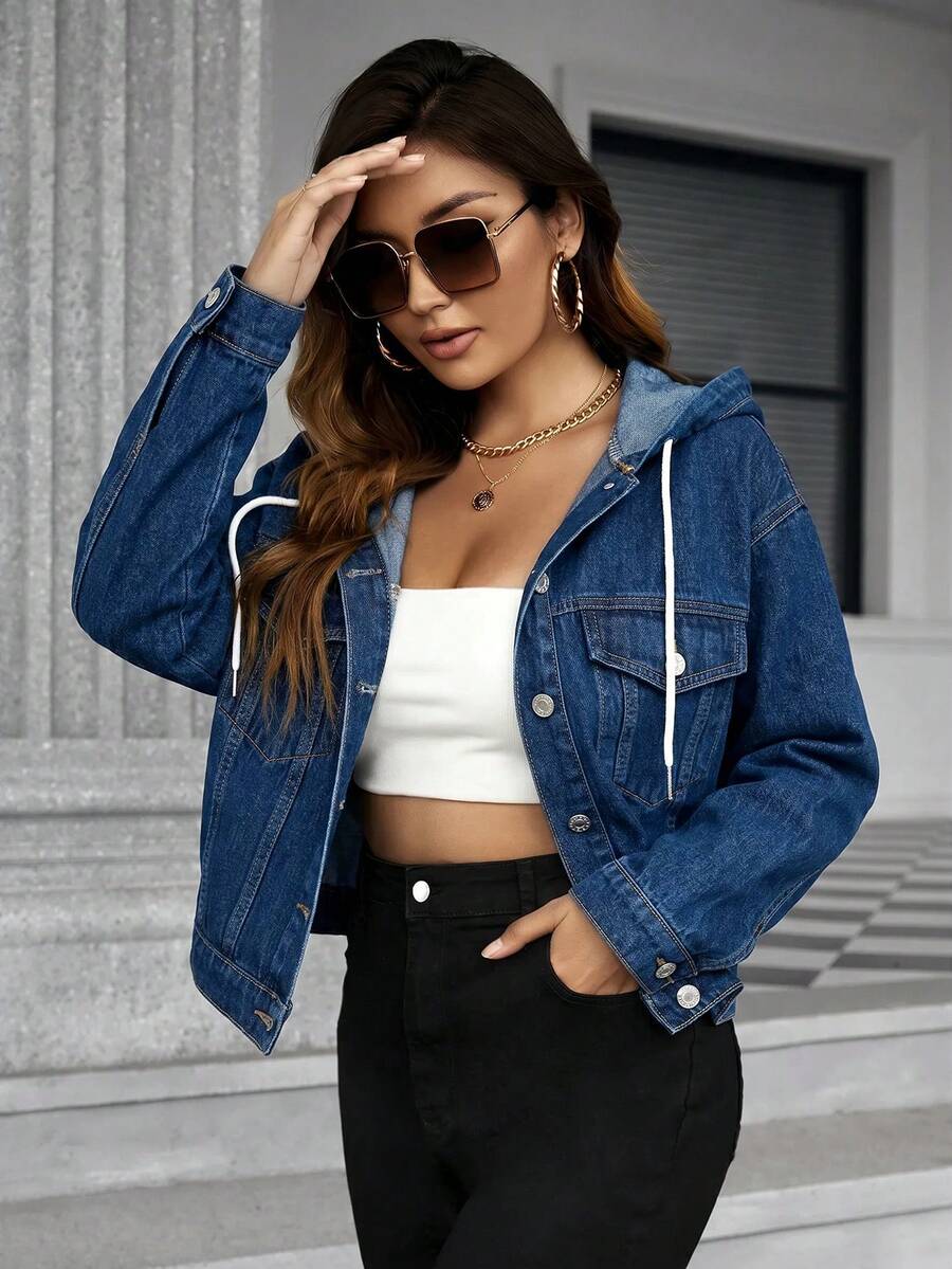 SHEIN Frenchy 女款長袖單排扣休閒抽繩連帽牛仔夾克 - 中等水洗藍 - 查看 1