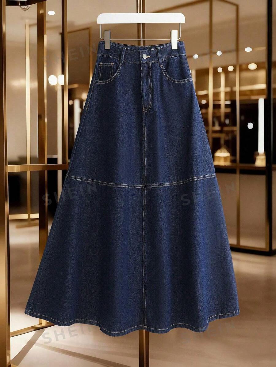 GlowEve CURVE Chân váy denim mini màu xanh đậm phong cách tối giản size lớn - Rửa tối - Xem 1