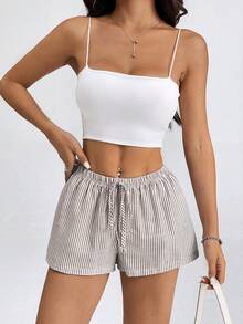 SHEIN PETITE 女款條紋低腰短褲，適合夏季度假海灘，小碼女款 - 棕色 - 查看 7