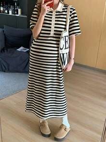 DAZY 拼色拼接時尚條紋寬鬆T恤洋裝，百搭休閒日常孕婦洋裝，適合春、夏、秋季 - 杏色 - 查看 4