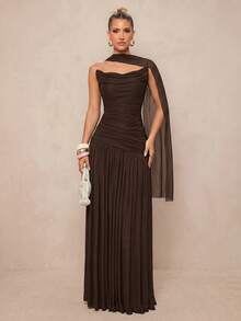 Lumalex Gaun Mermaid Lengan Syal Berkerut Rajut Elastis Elegan, Gaun Formal Serbaguna Kelas Atas untuk Pernikahan, Acara, Gala, Pesta & Liburan Musim Gugur - Burgundy - View 4