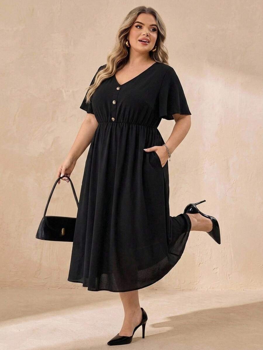 SHEIN CURVE+ Women's Plus Size Summer Casual Vacation Cinched Waist V-Neck Short Sleeve Pocket Black Conservative Dress - Black - View 1