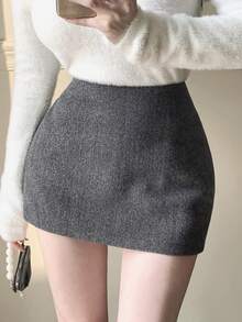 Dazy Tall Women's Solid Color Commuter School Work Short Elegant Basic Modest Skirt Autumn Gray - Grey - View 7