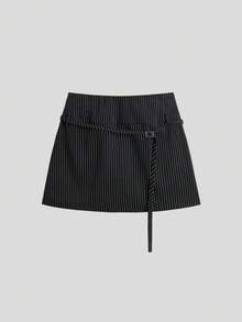 SHEIN EZwear 時尚街頭風低腰A字裙，獨特腰帶設計，休閒美式學院風，春夏精緻女款裙 - 黑色 - 查看 3