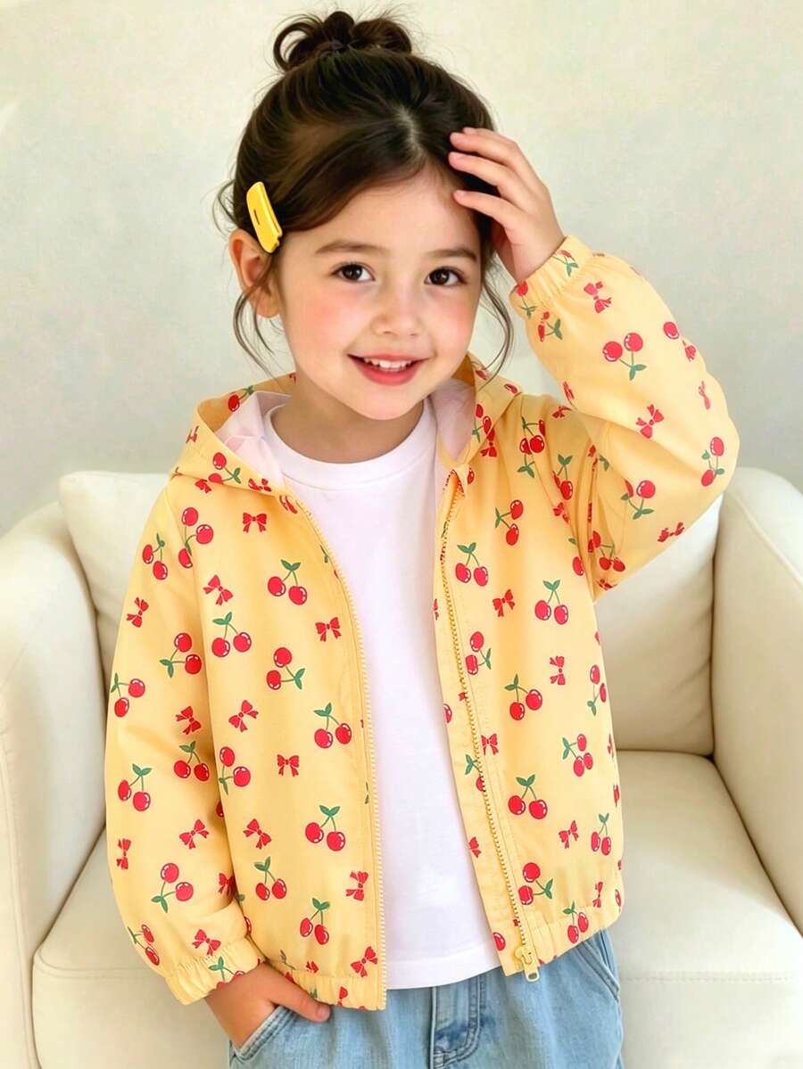 SHEIN Elladie kids 女童連帽夾克,休閒可愛學院風,圖案連帽外套,適合秋季返校、戶外運動與日常穿著,舒適保暖套裝 - 黃色 - 查看 1
