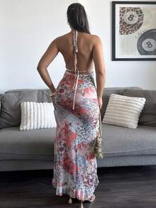 leahseptember New Romantic Ditsy Floral Mesh Printed Vintage Paisley Pattern Sexy Deep V Halter Backless Semi-Sheer Beach Bikini Cover-Up Boho Dress Vacation Party - Pink - View 2