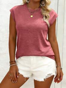 EMERY ROSE Women's Plus Size Casual Minimalist Batwing Sleeve Round Neck T-Shirt, Suitable For Spring And Summer Tops - Pink - View 5